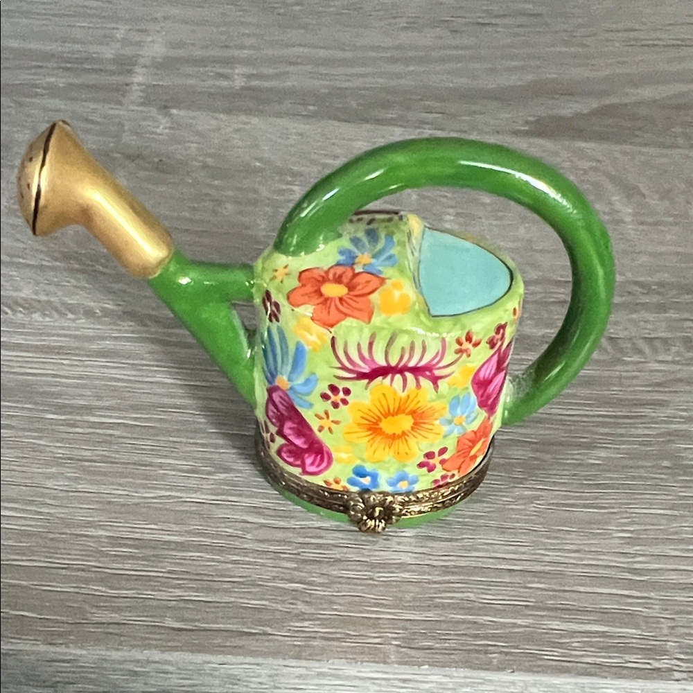 Limoges Green and Gold Watering Can with Floral Design